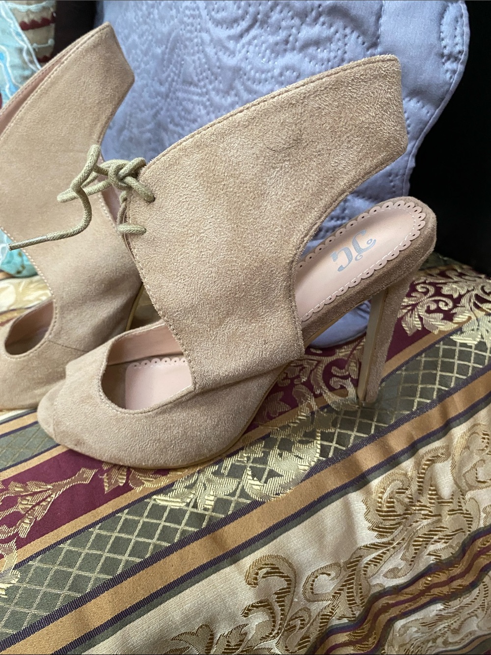 Journee Collection Faux Suede Lace-Up Peep Toe Heels - Tan/Nude. Size 10.